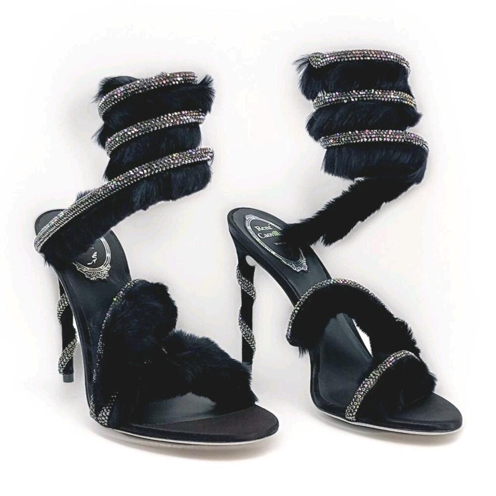 RENE CAOVILLA $1380 Rabbit Fur Ankle Wrap Sandals US9 UK6 EU39 Made in Italy
